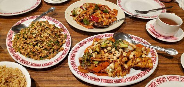 Top: Yu Hsiang Shrimp and Chicken, Bottom right: 8 Treasure Chicken, Bottom left: Chicken with Pine Nuts