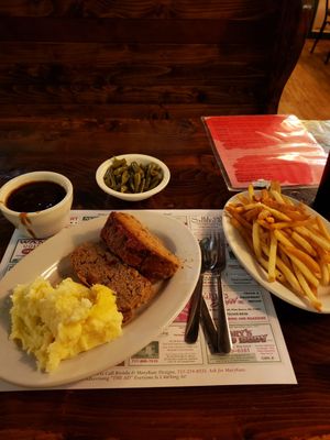 Meatloaf, mashed potatoes/gravy, green beans and French fries!