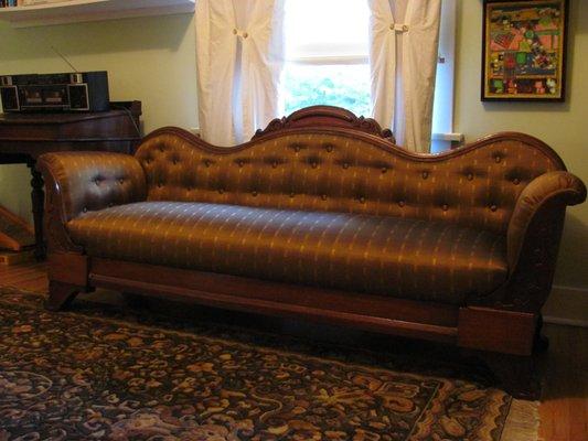 Beautiful Empire era sofa done in silk the customer brought back from the orient