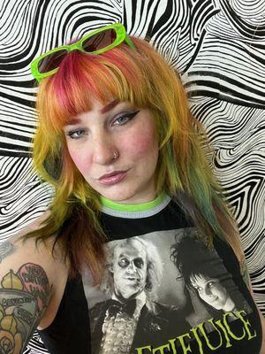 Full Foil Highlights With Full Root Color - color melt rainbow - shag / wolf haircut by Morrigan Maxey