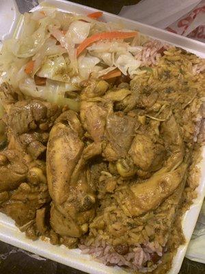 Curry chicken with rice and cabbage