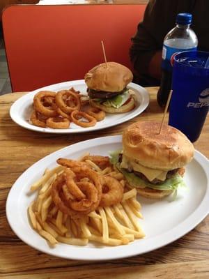 cheese burger deluxe and greek burger deluxe. huge burgers, priced well.