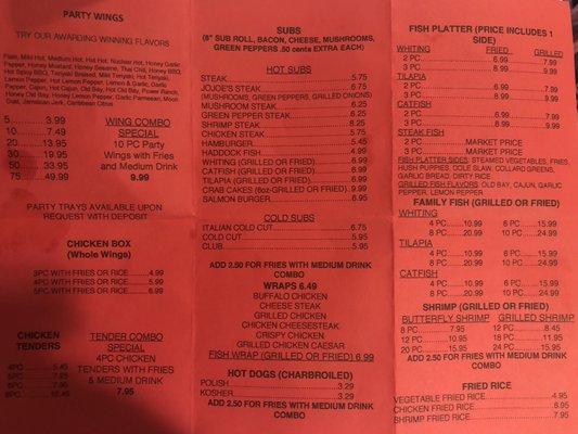 Menu continued with prices