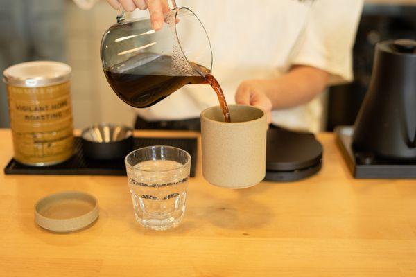 Our pour-over setup served with sparkling water.