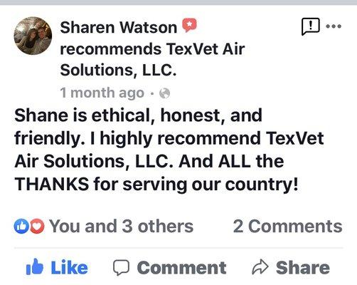 Review from Facebook.com/texvetair