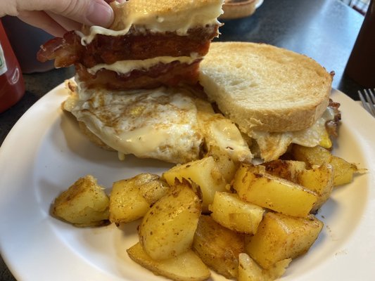 Breakfast sandwich with bacon, pepper Jack cheese, and egg