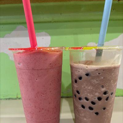 Strawberry smoothie on the left and snickers bubble tea on the right.