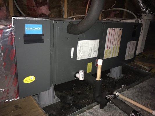 Installed electric air handler with Hepa hi-efficiency filter system,rubberized auxiliary pan,heat pump risers,2-safety overflow switches