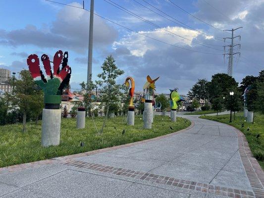 Art installations by the River Walk.