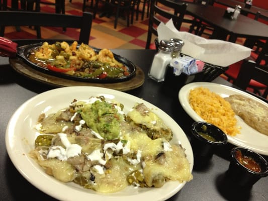 Steak nachos and garlic shrimp fajitas!