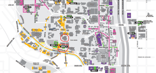 For the Ferst Center, park in W02/Areas 3 and 2. I've circled both the Ferst Center and the entrance on this map. Visitor paid parking.