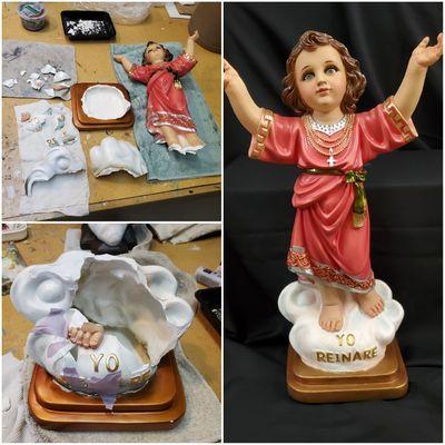 Badly smashed plaster Divine Infant statue. Approx 30" tall.