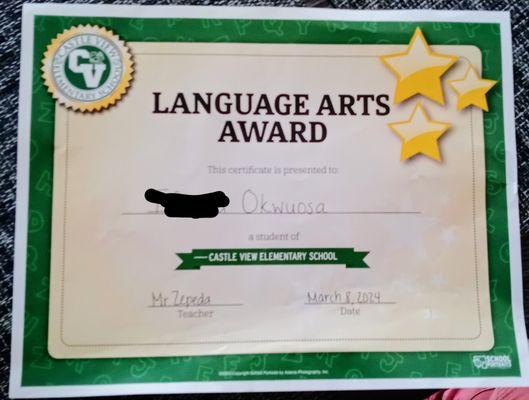 We are so proud that our student has earned an award for great improvement in Language Arts. we are so proud of them!!