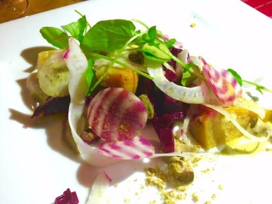 Valentine's Pop Up - Beet Salad with three different beers, fennel, and pickled beet greens