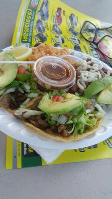 2 adobada tacos, beans and rice for $5