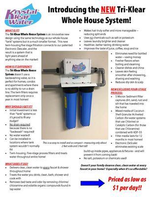 Water Filtration for entire home! Drink and bath in clean water. Cost effective when you STOP paying more for water than gasoline a gallon.