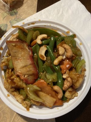 This was my daughters chicken and cashew nut with one giant peice of roast pork sitting on top . She doesn't eat pork