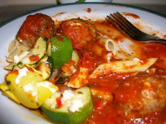 Delicious rotini with marinara sauce & meatballs. Squash on the side.