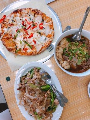 Thai chicken curry pizza, pork pad see ew, duck egg noodle with wontons