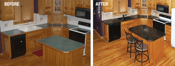 Before and after installing new granite countertop and tile back splash.