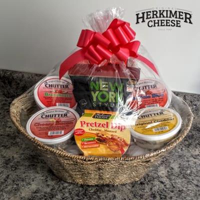 Gift basket with multiple varieties of Chutter® cheese and our famous Pretzel Dip