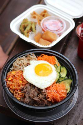 18. Beef Bibimbap - takeout, comes with banchan. Big portion.