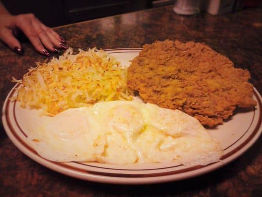 Roughneck breakfast: 3 eggs cooked your way, chicken fried steak, hashbrowns and gravy