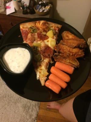 The pizza and wings are from alpha delta, the carrots were just a healthy addition from my fridge :P