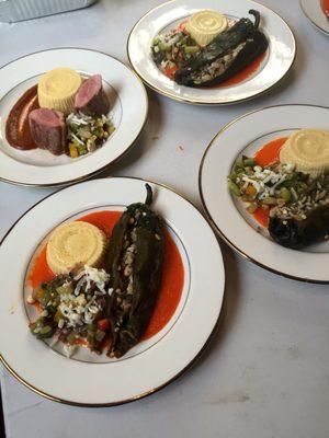 Stuffed poblano chile, corn flan & calabacitas in romesco sauce.