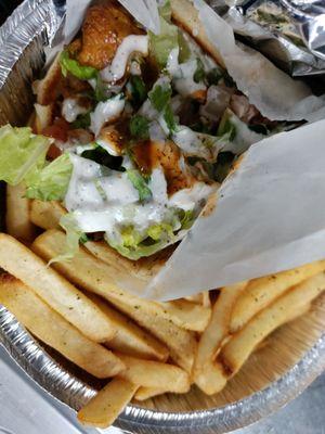 Kabob gyro and fries white sauce and hot sauce