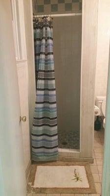 Small shower stall with no light and stains on the bath mat.