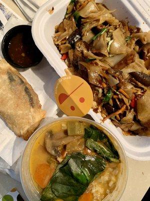 Shiitake Egg Roll, Drunken Noodles, and Tom Kha Soup.