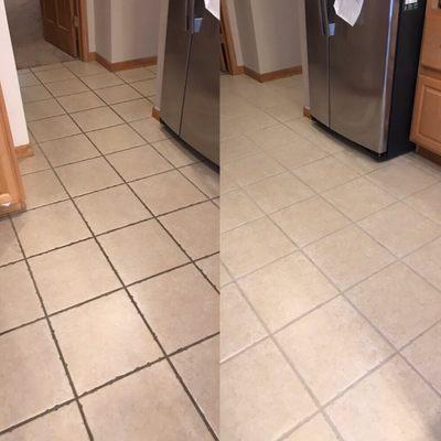 Before and after photo of my kitchen tile