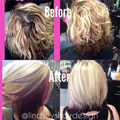 before and after to platinum blonde with purple and pink under and Aline cut