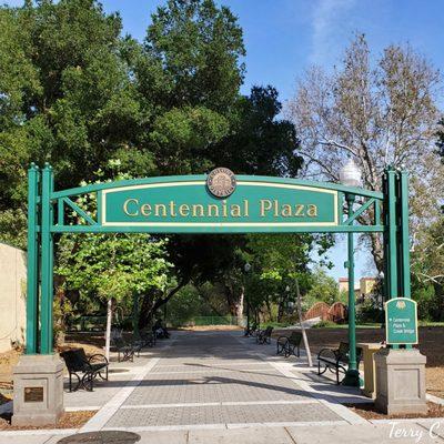 Entrance to the promenade to Centennial Plaza & Creek Bridge. 09 May 2020