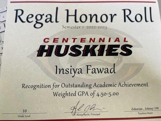 High school Student awarded honor roll. Thanks to U.S. Best Tutors