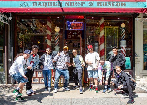 Arthur Rubinoff and barber students at NYC Barber Shop Museum.