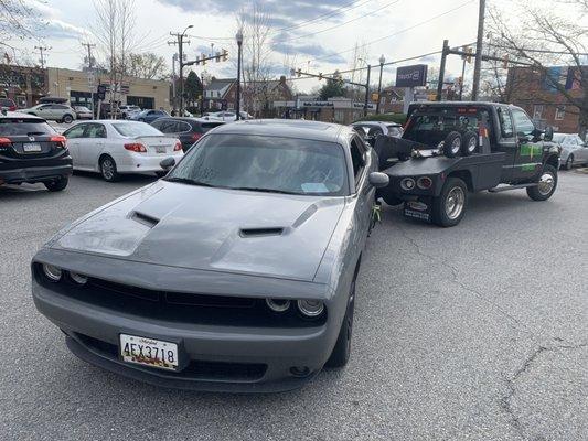 Towing a Dodge Challenger that got a flat tire