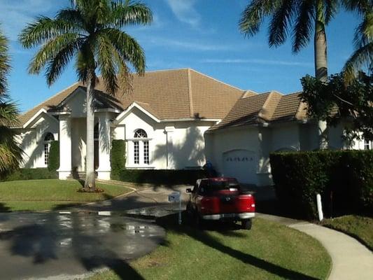 We clean nearly every roof without walking on the roof using only low pressure (about the same as a garden hose).