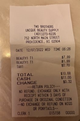 Receipt w/ return policy