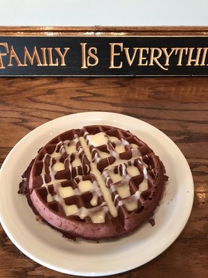 Red velvet waffle with cream cheese glaze