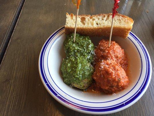 Classic meatball with classic sauce and chicken meatball with pesto sauce