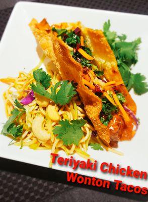 Teriyaki chicken wonton tacos with lo mein salad