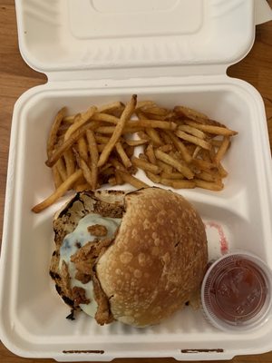 BBQ burger and fries to-go. DELICIOUS!!!!