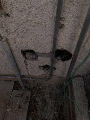 Holes in exterior of house.