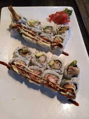 The shrimp tempura is in the top of each row, the crispy crab on the bottom.