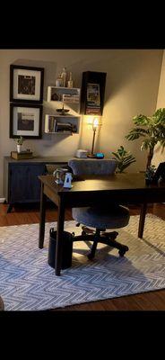 Home office makeover including paint, lighting and decor