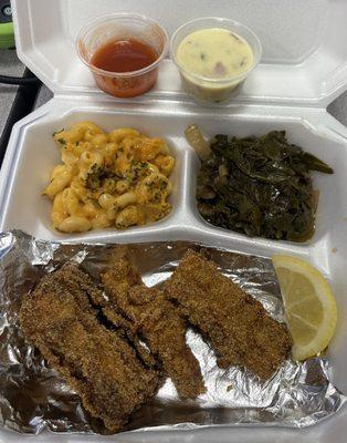 Vegan fish (heart of palm), mac n cheese, greens, Frank's hot sauce, and a vegan homemade tartar sauce.