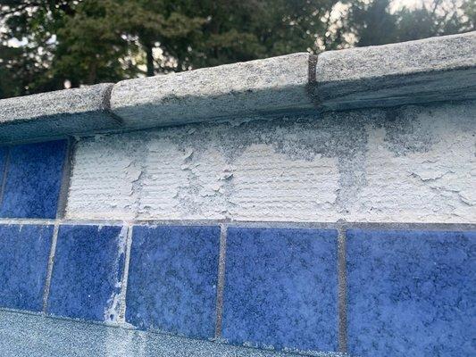 13 tiles fell off after 5 years. The coping is loose and no longer attached to the pool wall.