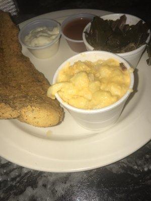 Catfish, greens and macaroni and cheese